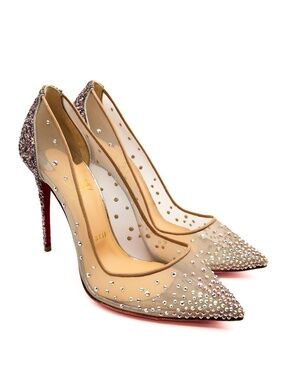 Christian Louboutin Follies Mesh Crystal Studded Pumps Pointed Heels EU 37.5